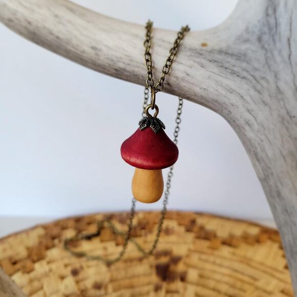 Handmade Naturally Dyed Wood Mushroom Pendant on 18" chain - Picture 2 of 3